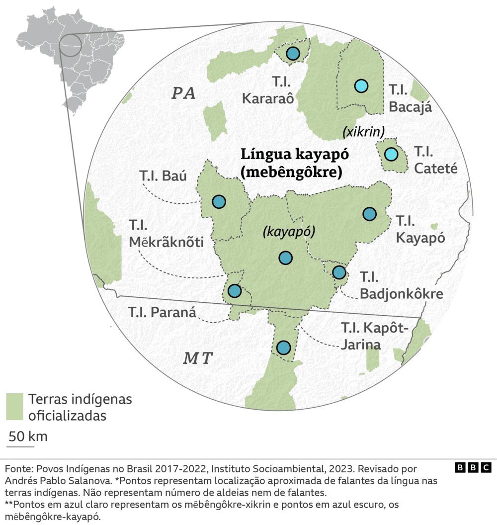 Mapa de localização aproximada dos falantes de mẽbêngôkre-kayapó