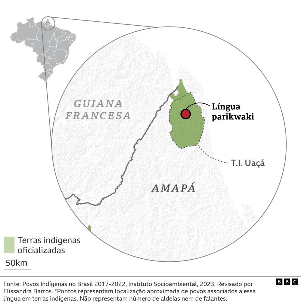 Mapa de localização aproximada dos falantes de parikwaki