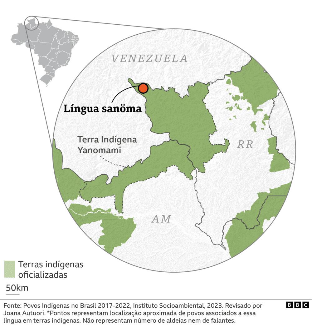 Mapa de localização aproximada dos falantes de sanöma
