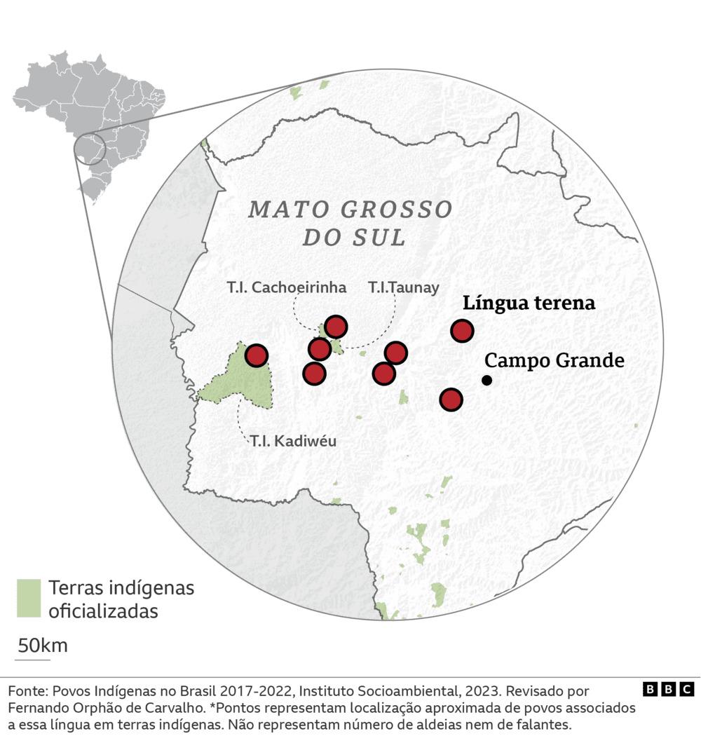 Mapa de localização aproximada dos falantes de terena