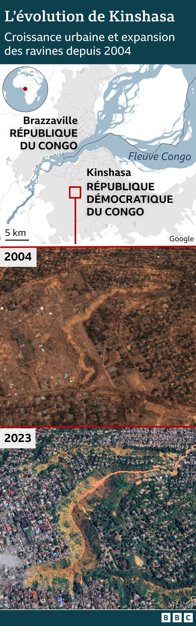 Localisation de Kinshasa et image satellite de 2004 et 2023