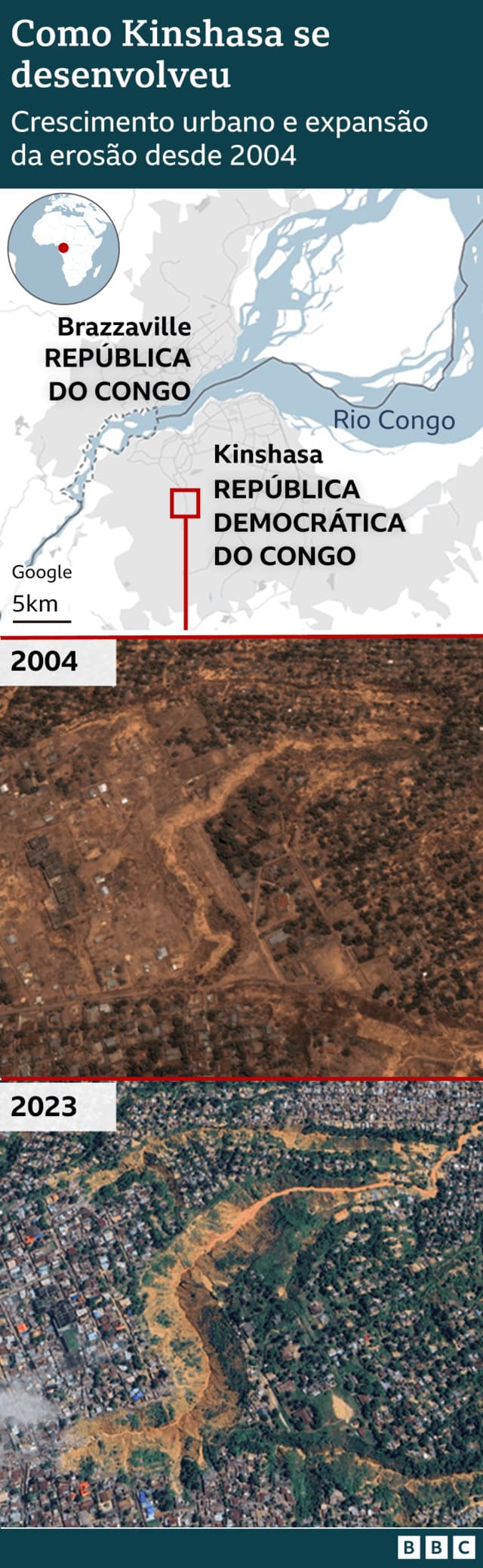 Imagens de satélite mostram Kinshasa em 2004 e 2023