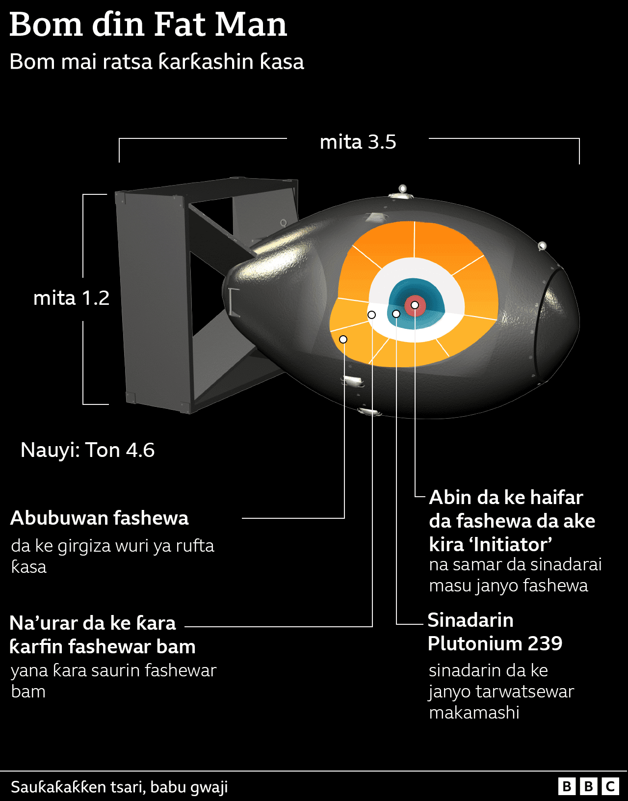 Hotuna da ke nuna ɓangarori da dama da suka ƙunshi bam ɗin Fat Man