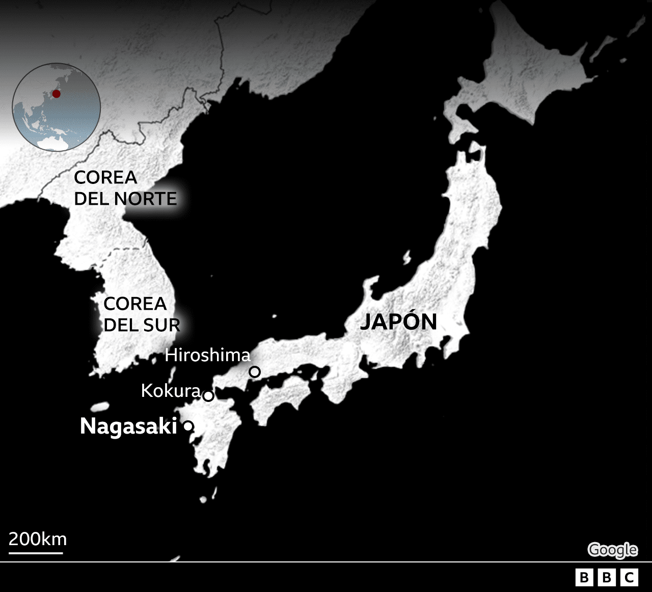 Mapa de localización de la ciudad de Nagasaki y Kokura
