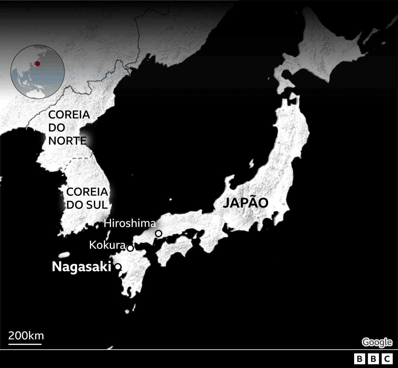 Mapa mostrando a localização das cidades de Nagasaki e Kokura