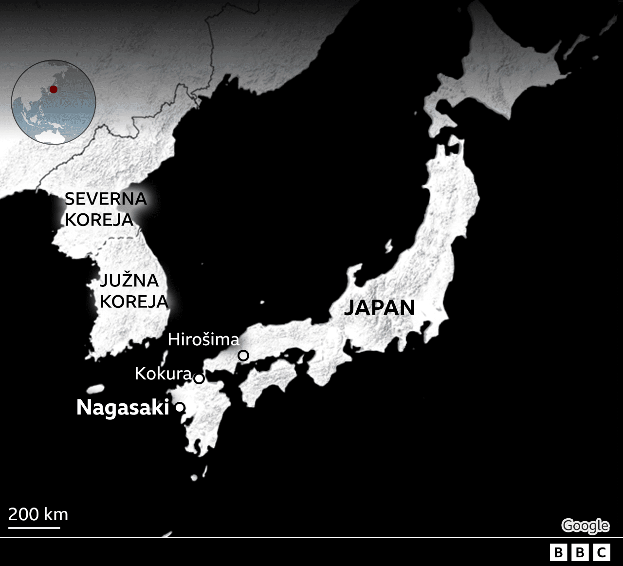Mapa položaja gradova Nagasaki i Kokura
