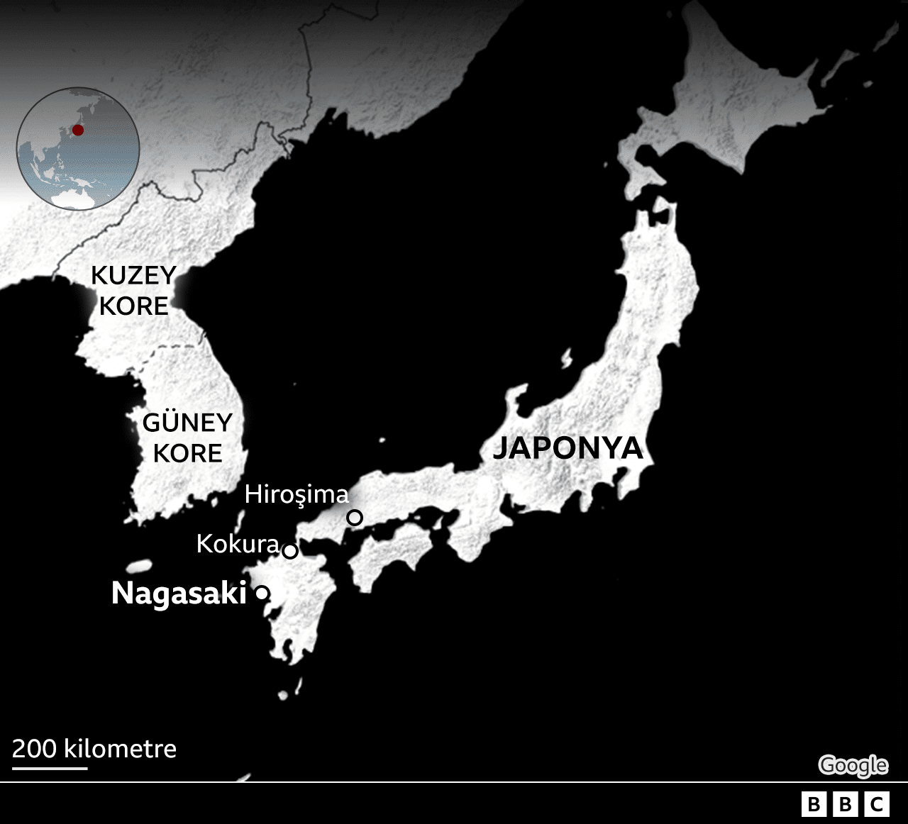 Nagasaki ve Kokura şehirlerinin yerlerini gösteren harita