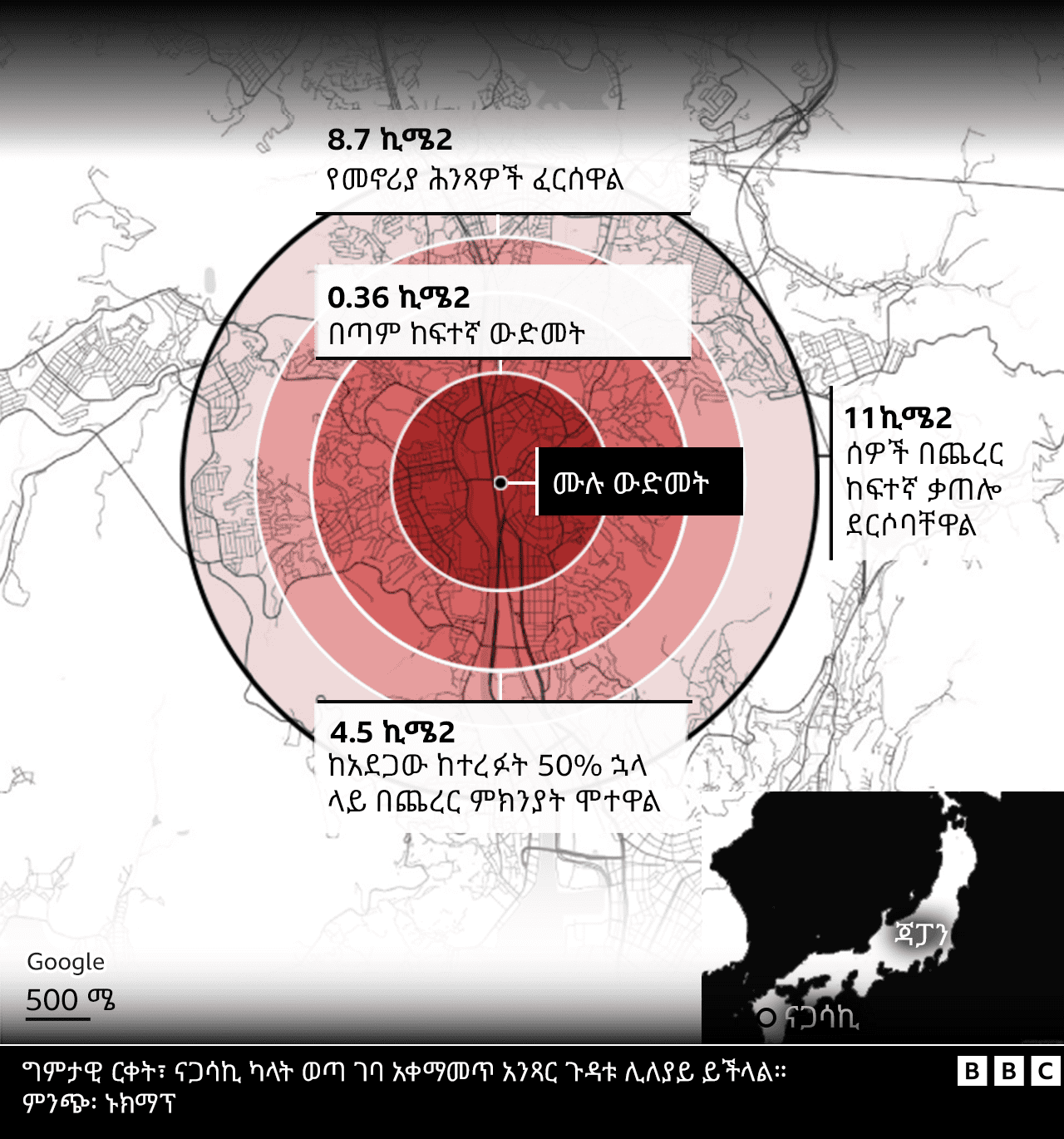 በናጋሳኪ የደረሰውን ውድመት የቦታ ስፋት የሚያሳይ ካርታ