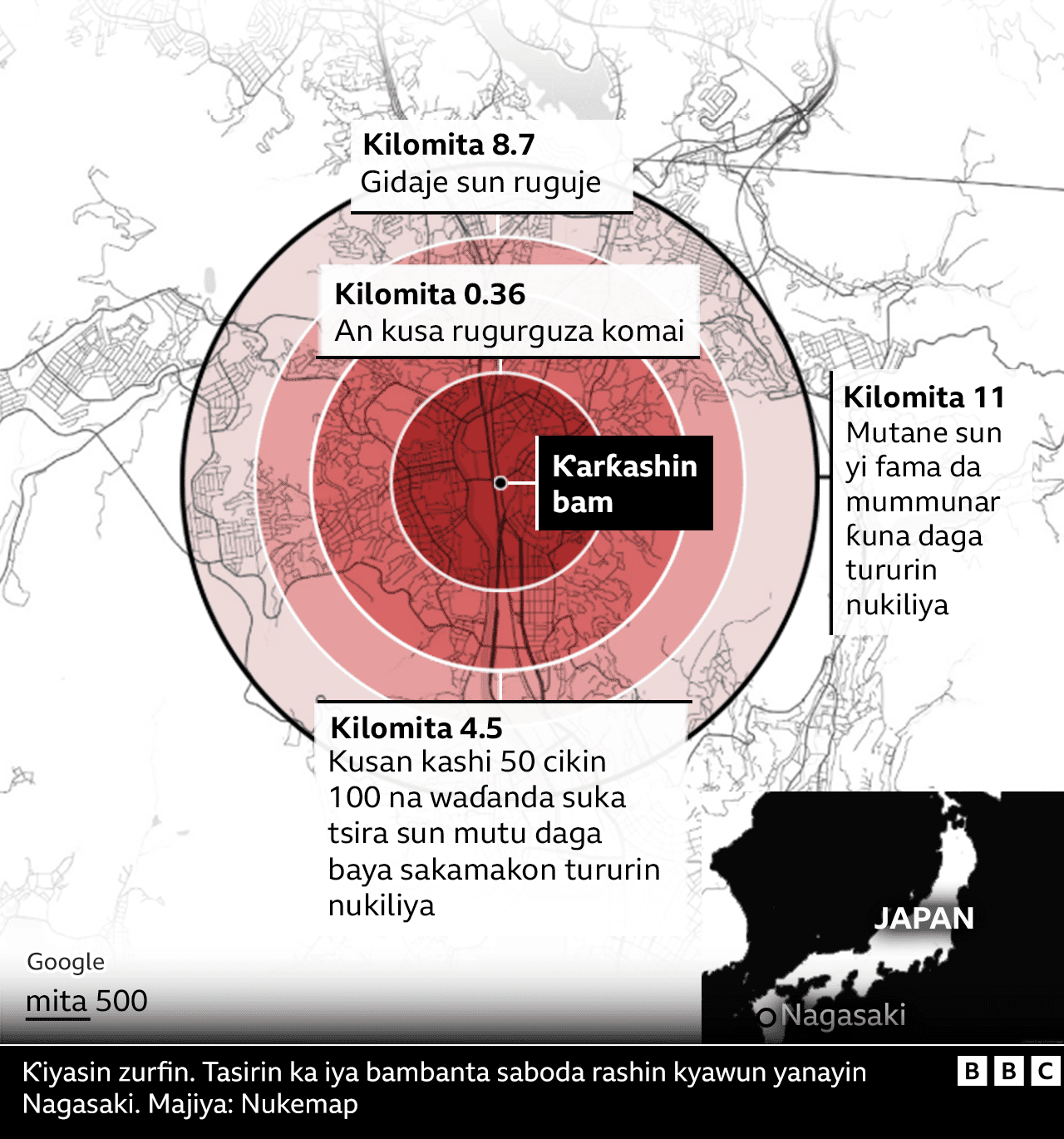 Taswirar da ke nuna irin ɓarnar da aka yi a Nagasaki  