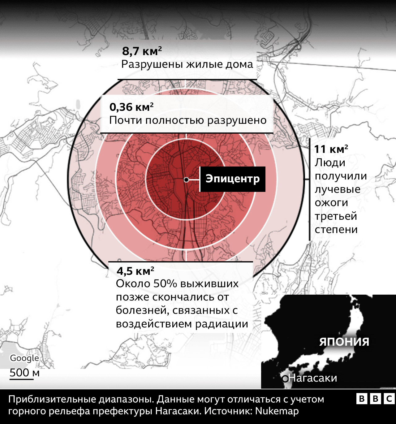 Карта, показывающая различные радиусы разрушения Нагасаки
