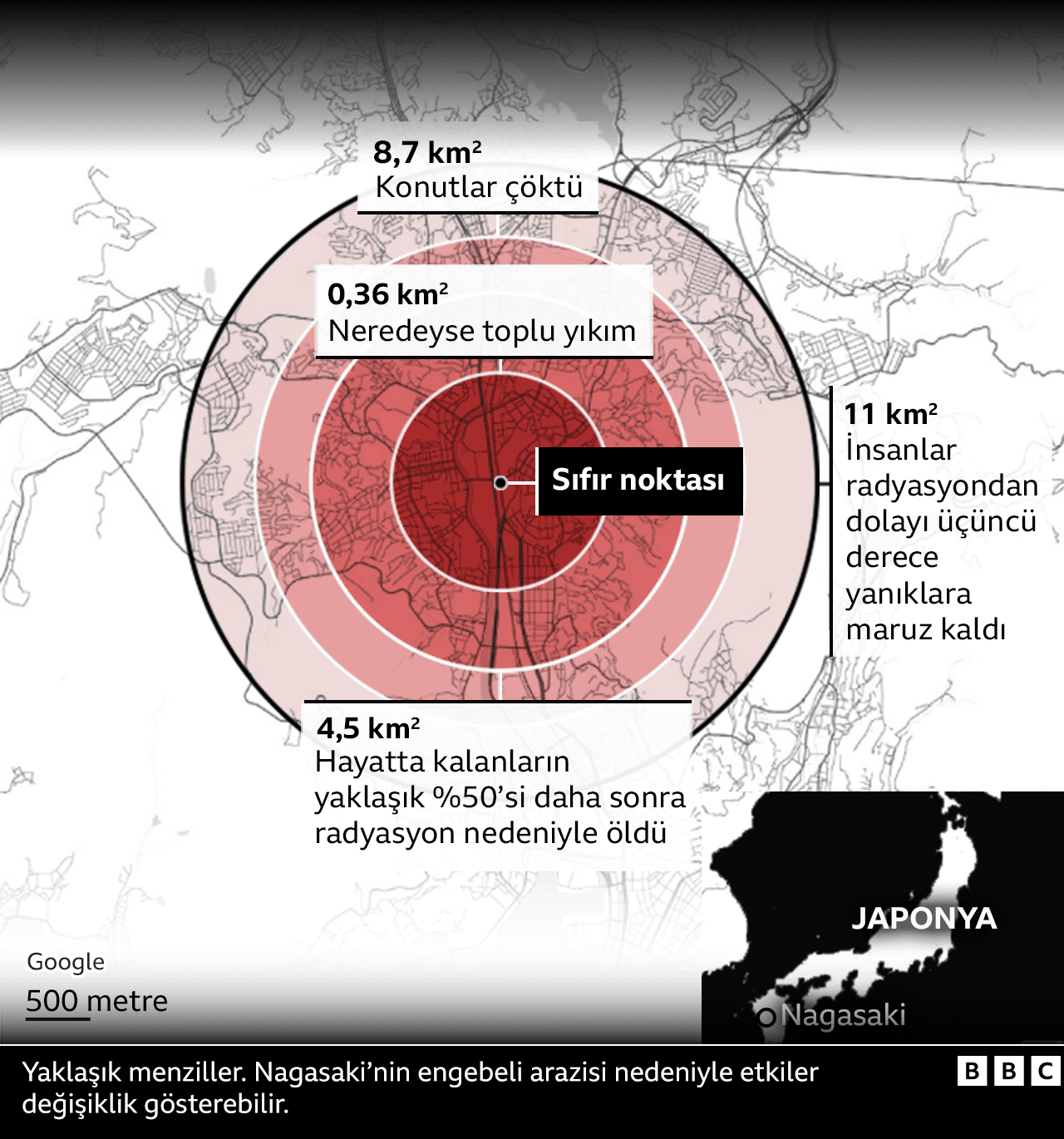 Nagasaki'de yıkımı farklı ölçeklerde gösteren harita