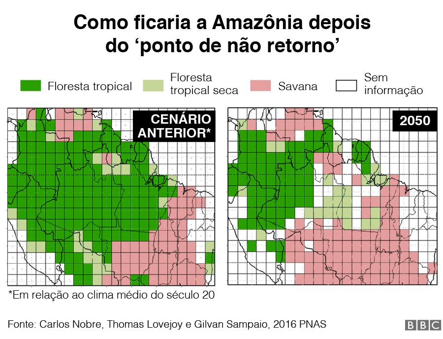 Projeção de como se veria a vegetação da Amazônia depois do tipping point