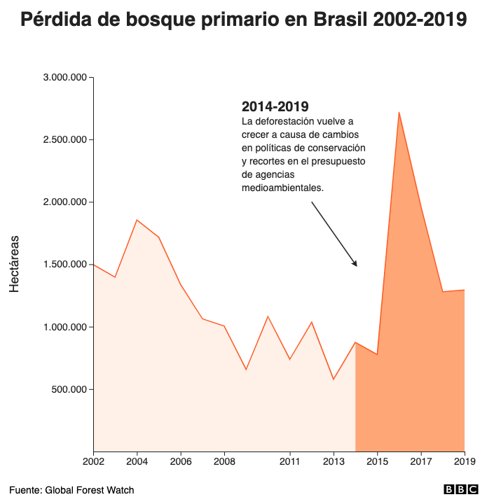 Pérdida de bosque primario en Brasil 2002-2019