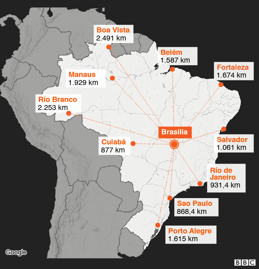 Mapa que muestra la distancia entre Brasilia y otras capitales del país