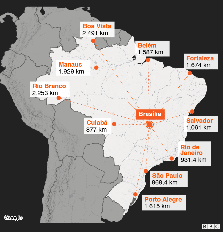 mapa da distância de Brasília a capitais estaduais brasileiras