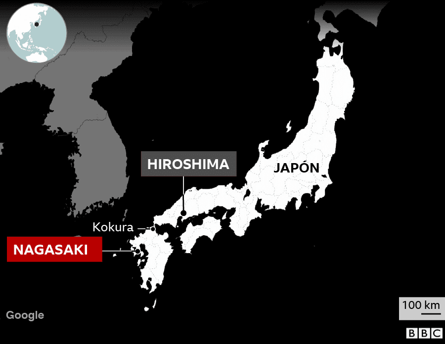 Mapa de localización de la ciudad de Nagasaki y Kokura