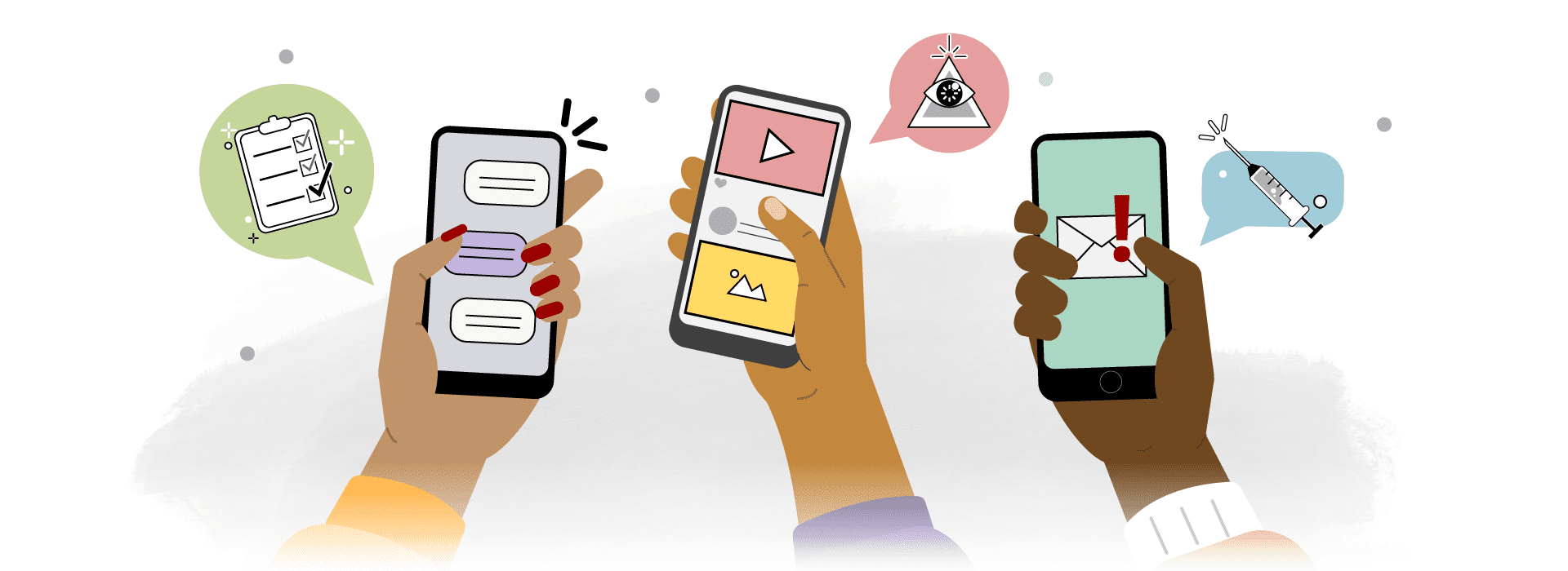 Ilustración de personas con sus móbiles leyendo contenido de los distintos temas de mensajes sobre vacunas de covid-19.