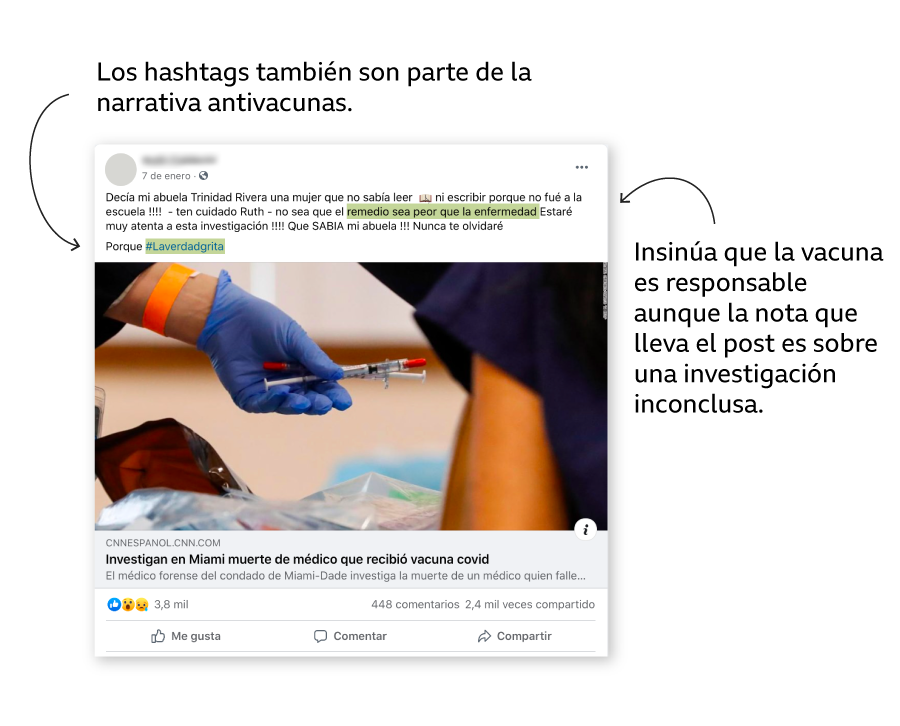Ejemplo de post que usa un reportaje sobre una investigación inconclusa para sugerir que una vacuna de covid-19 no es fiable.