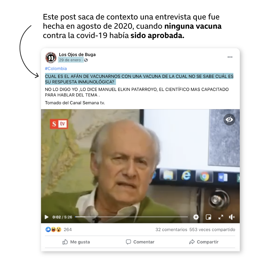 Ejemplo de post en que se pone en duda, sin pruebas o con información sacada de contexto, la eficacia de una vacuna de covid-19.