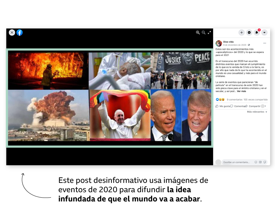 Ejemplo de post que afirma que las vacunas de covid-19 son la "marca de la bestia" y el principio del Apocalipsis.