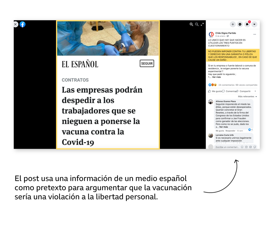 Ejemplo de publicación que dice, utilizando una información falsa, que la vacuna de covid-19 será obligatória y violará libertades civiles.