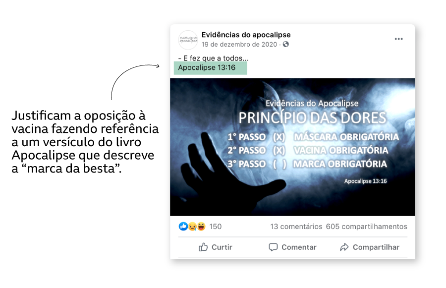 Exemplo de post no Facebook afirmando que vacina de covid-19 é a "marca da besta" bíblica