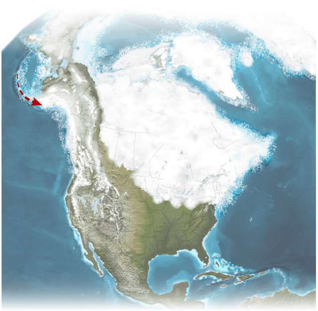 Mapa de Norteamérica con flecha que desciende por la costa del Pacífico