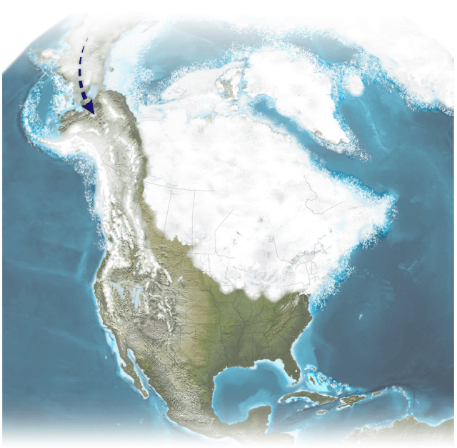 Mapa de Norteamérica con flecha que señala el corredor libre de hielo