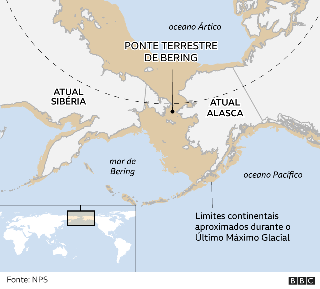 Mapa de como era a ponte terrestre de Bering