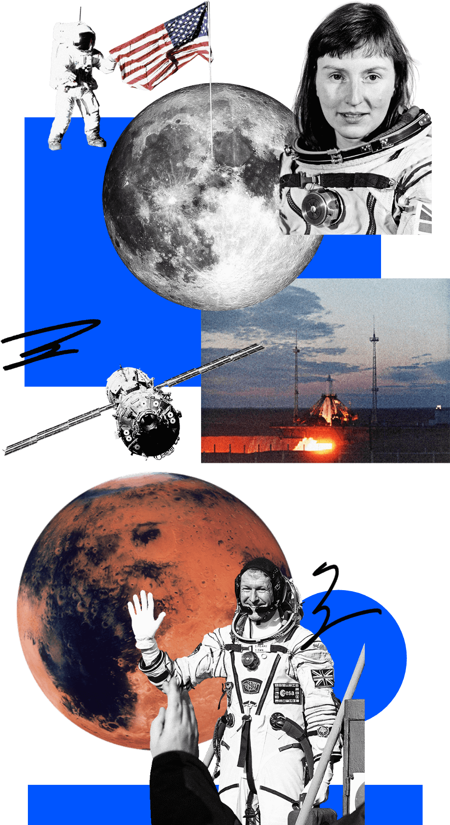 Composite image of Sputnik 1, the moon landings, the International Space Station, Helen Sharman, Tim Peake and Mars