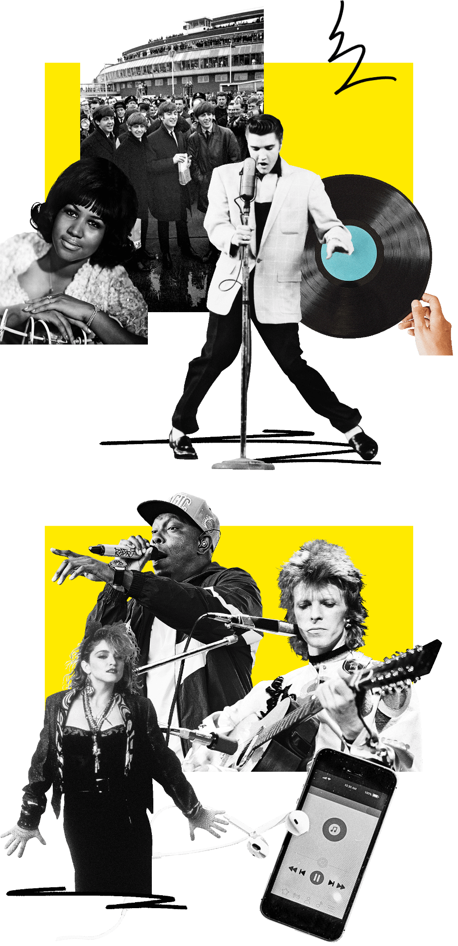 Composite image of Elvis, the Beatles, Aretha Franklin, David Bowie, Madonna, Dizzee Rascal, a record and an ipod with headphones