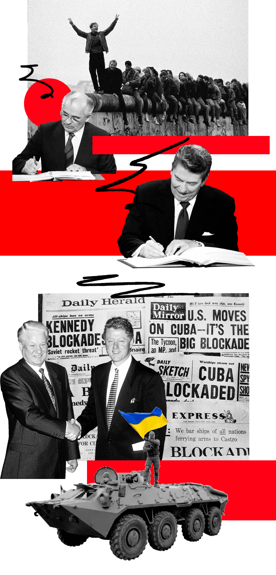 Composite image of the Berlin Wall, Mikhail Gorbachev, Ronald Reagan, front pages of the Cuban crisis newspaper, Boris Yeltsin and Bill Clinton shaking hands and a Ukrainian tank
