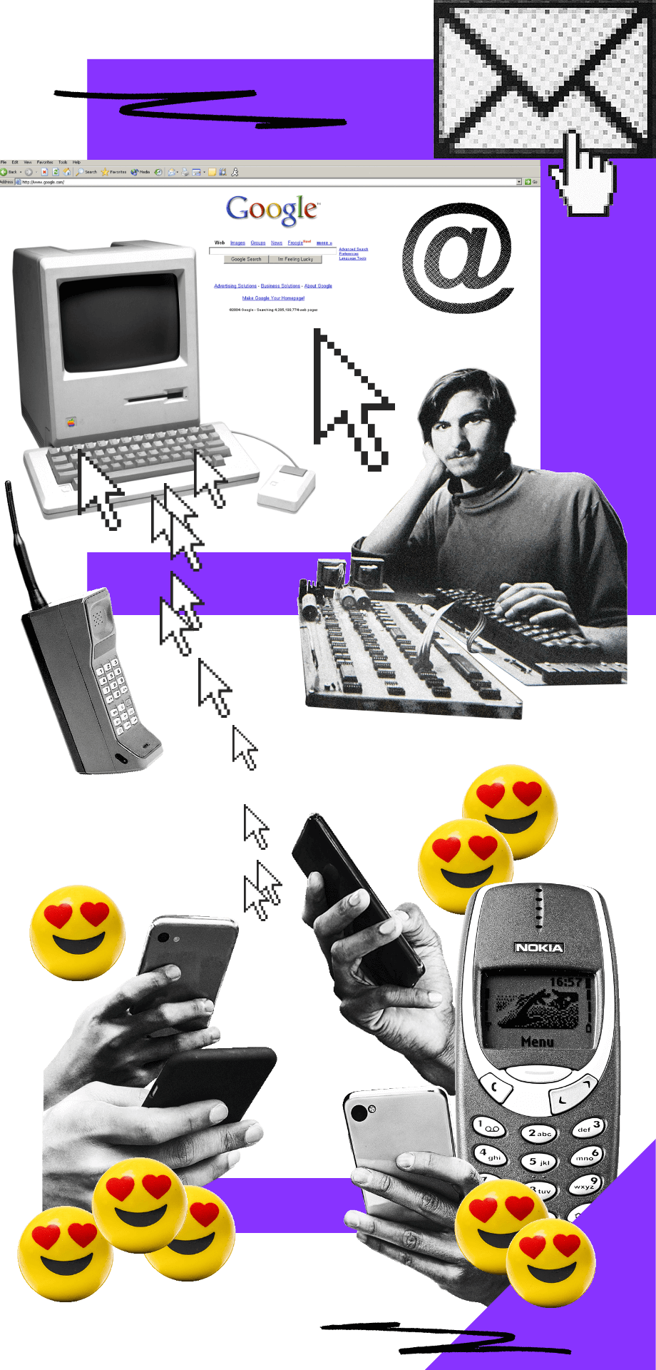 Composite image of 80s Mac computer, cell phones from different eras, Google and the World Wide Web, email icon, Steve Jobs and heart eyes emojis