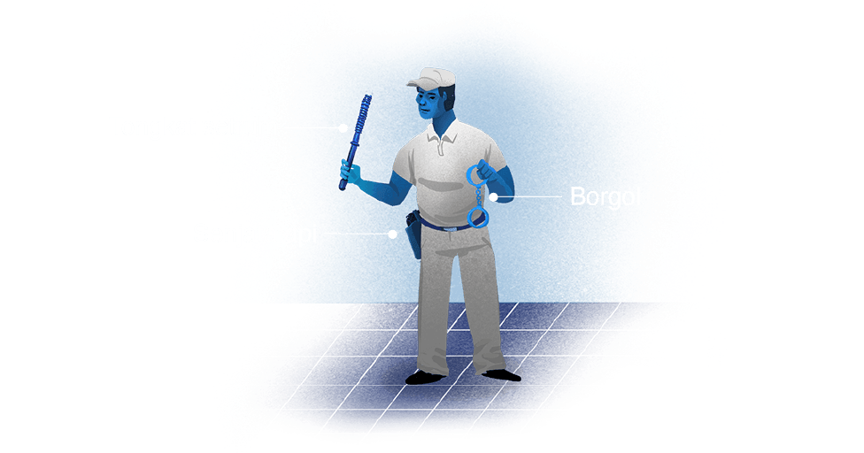 Setiap penjaga dibekali dengan sebuah pistol, tongkat setrum, dan borgol.