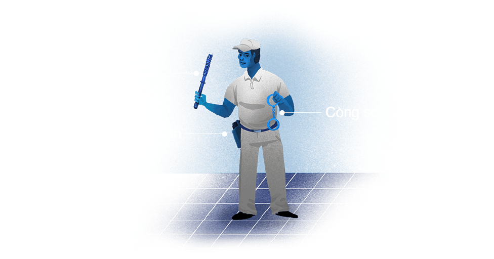 Bảo vệ có súng, roi chích điện và còng số 8 bên người.