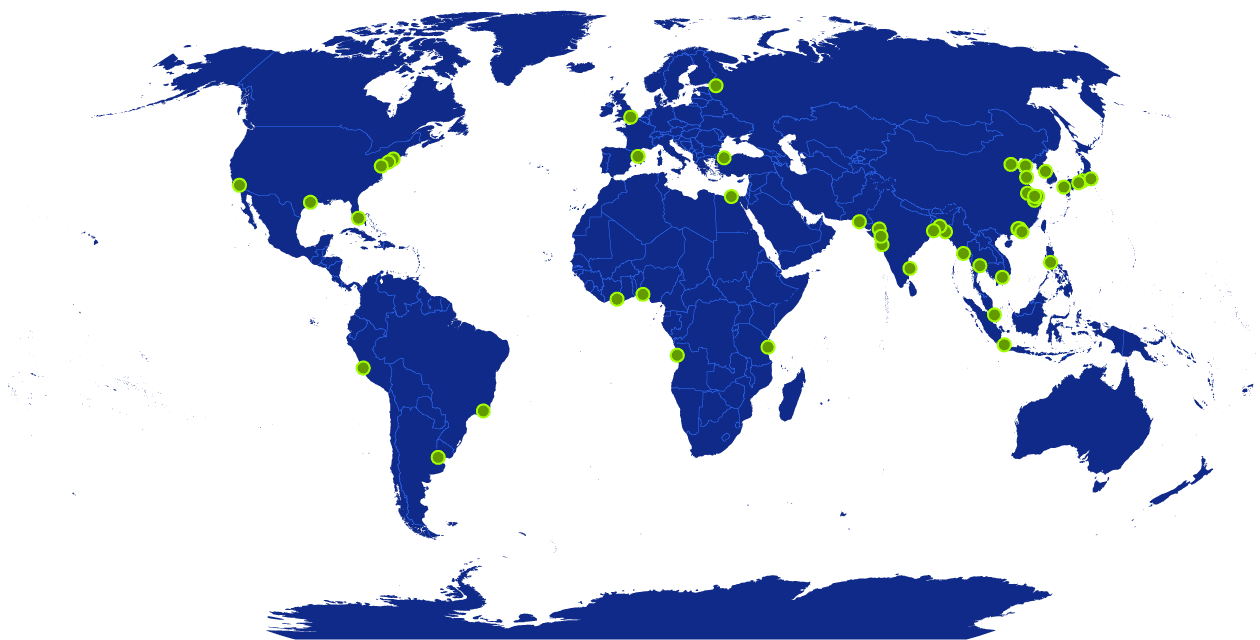 A world map showing 48 cities
