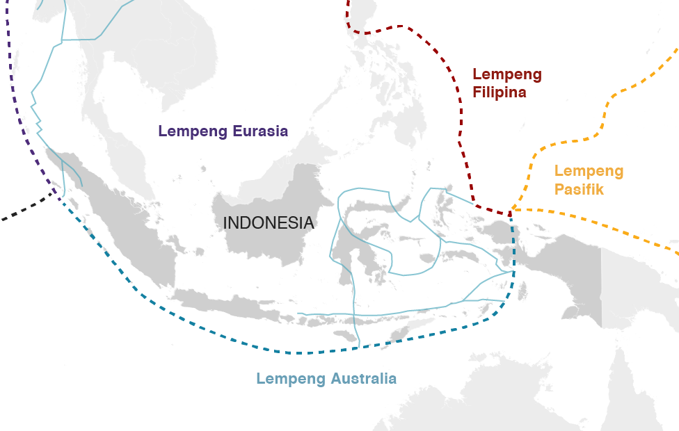 Peta menampilkan gempa berkekuatan lebih dari enam magnitudo di Indonesia dari tahun 1990 sampai 2018.
