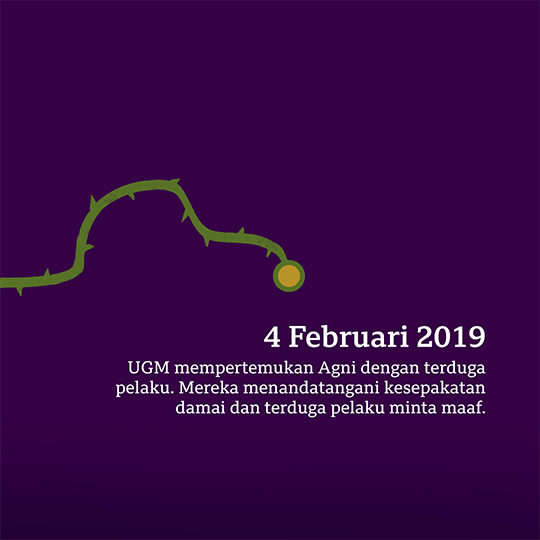 4 Februari 2019, UGM mempertemukan Agni dengan terduga pelaku. Mereka menandatangani kesepakatan damai dan terduga pelaku minta maaf.