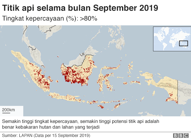 Figur menunjukkan titik api di Indonesia antara tanggal 1-15 September 2019 berdasarkan data dari LAPAN. Terlihat bahwa sebagian besar titik api terjadi di pulau Kalimantan.