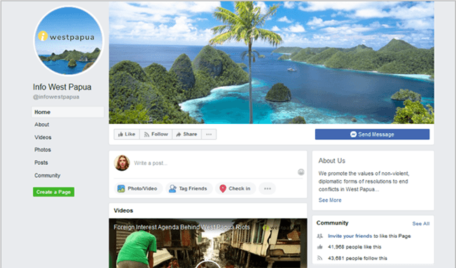 Cuplikan laman Facebook Info West Papua, salah satu laman yang dihapus oleh Facebook.