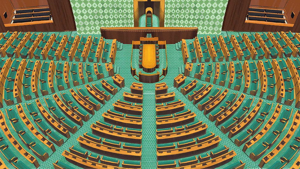 Image shows an illustration of parliament of India from inside
