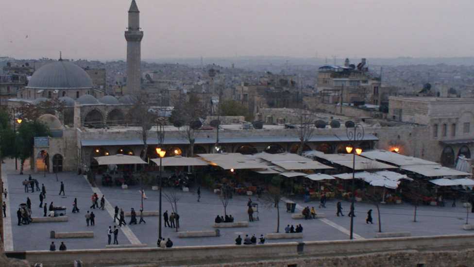 View from the Citadel of people eating at restaurants