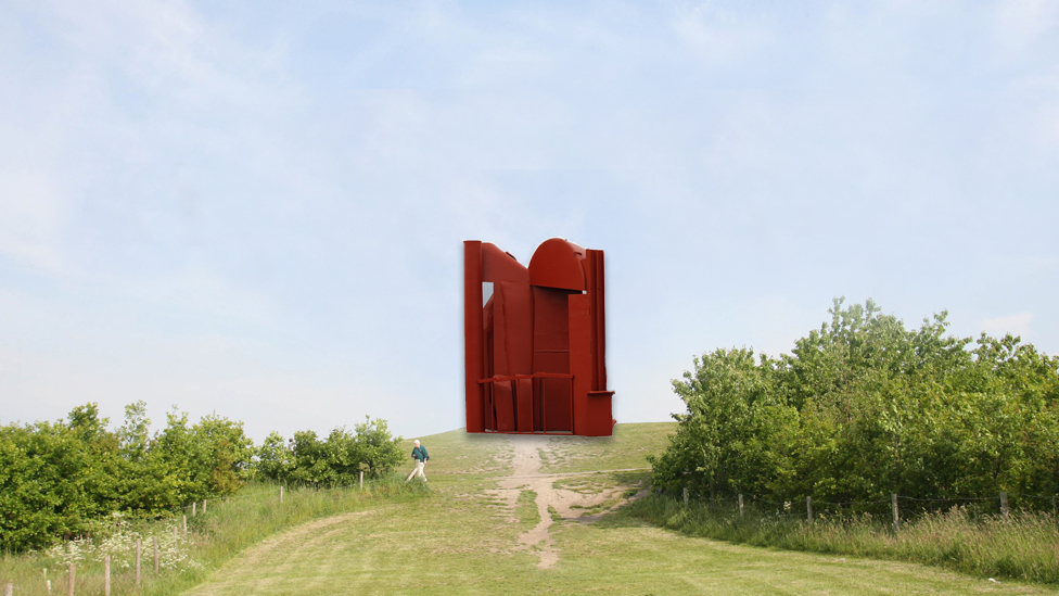 Composite image overlaying an Anthony Caro sculpture on the Angel of the North mound