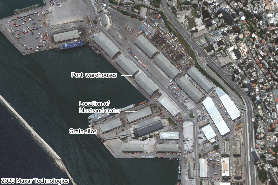 Satellite image of Beirut port area on 9 June 2020