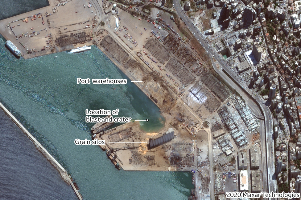 Satellite image of Beirut port area on 5 August 2020 after explosion
