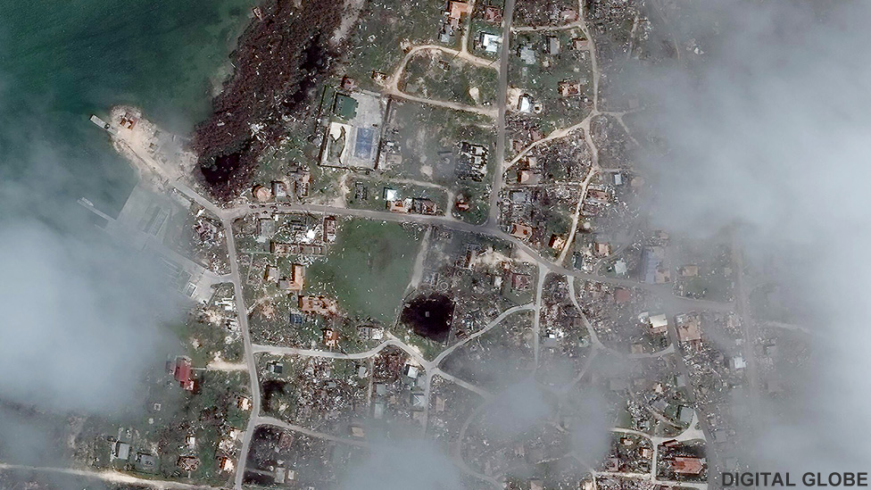 Satellite image of the town of Codrington, Barbuda after Hurricane Irma 