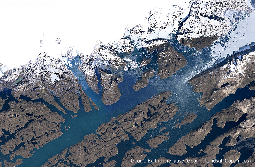 Imagen satelital del glaciar Qaleraliq, Groenlandia, en 1993