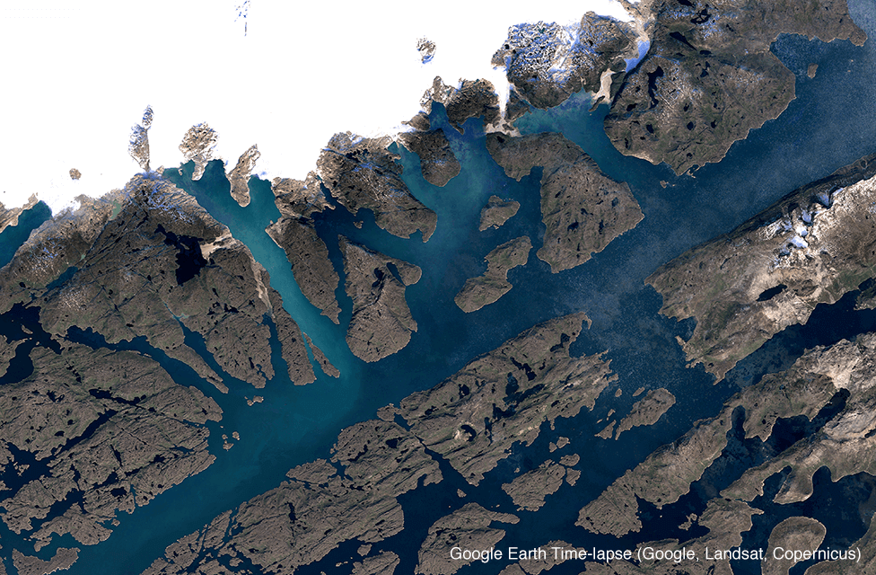 Imagen satelital del glaciar Qaleraliq, Groenlandia, en 2018