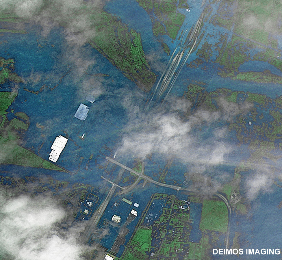 Image taken by Deimos-2 satellite and colour-corrected to show flood waters