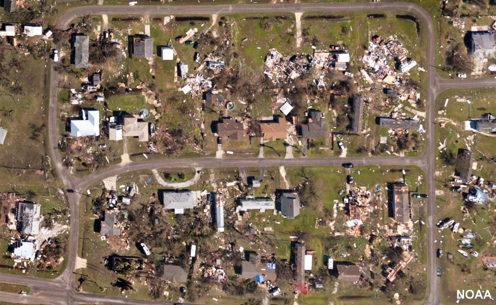 Aerial image shows impact of Hurricane Harvey on houses near Rockport, Texas